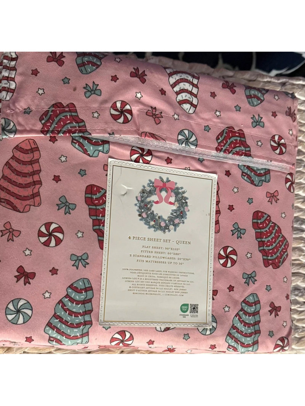 NEW Lumina Lou Pink Christmas Tree Snack Cake QUEEN Sheet Set , Little Debbie!